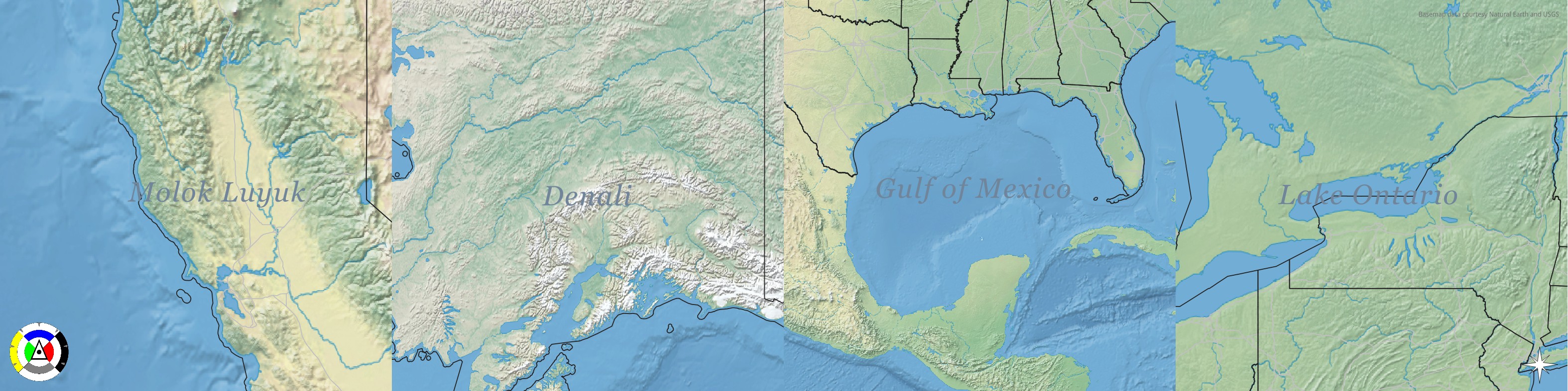 A series of four maps showing parts of California, Alaska, US/Canada, and US/Mexico/Carribean